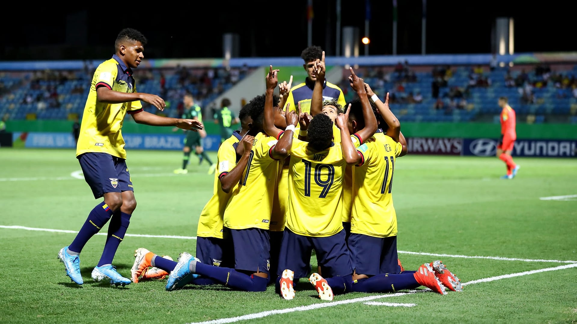 Players of Ecuador celebrate their 2nd goal 